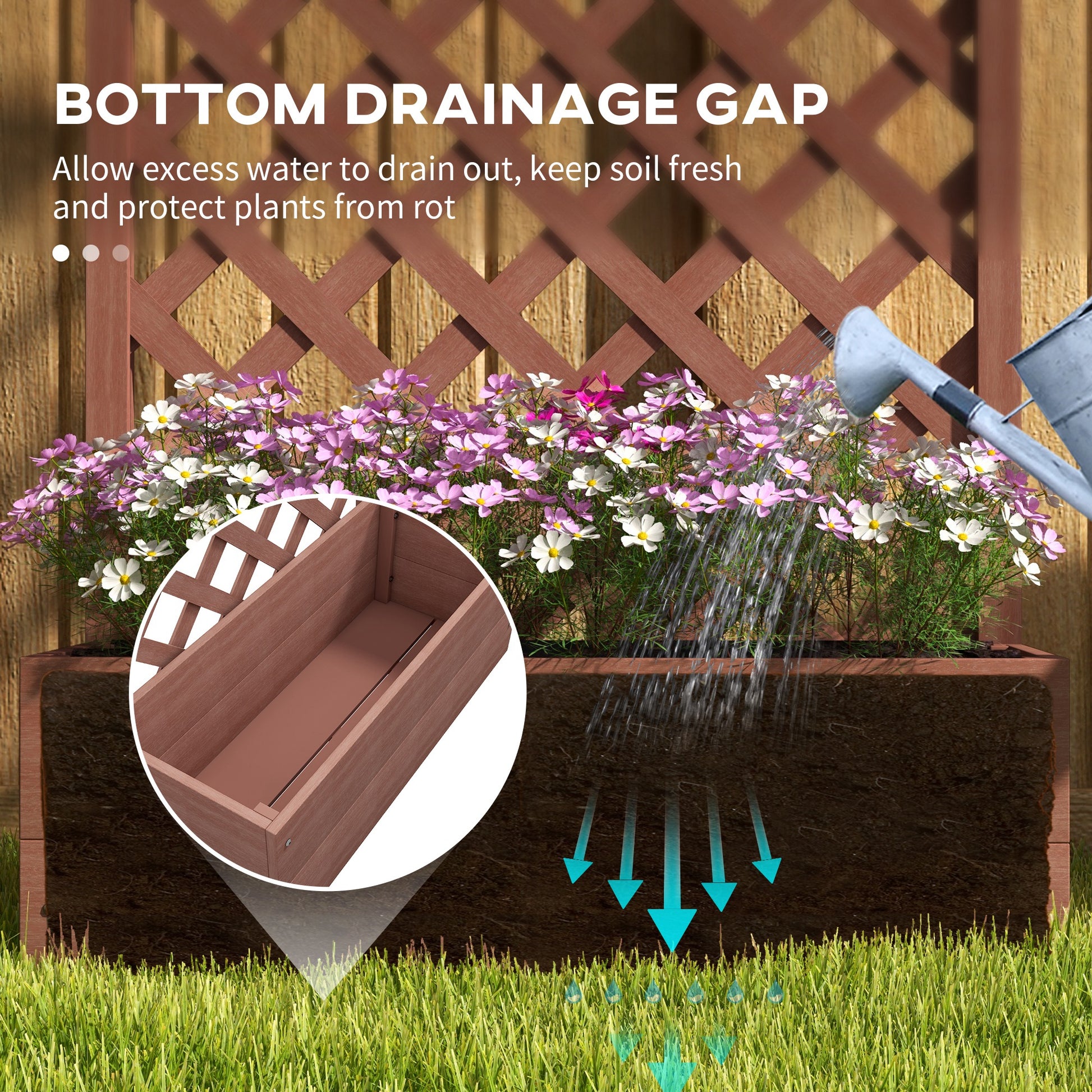 Brown wooden planter box with blooming pink and white flowers highlighting drainage