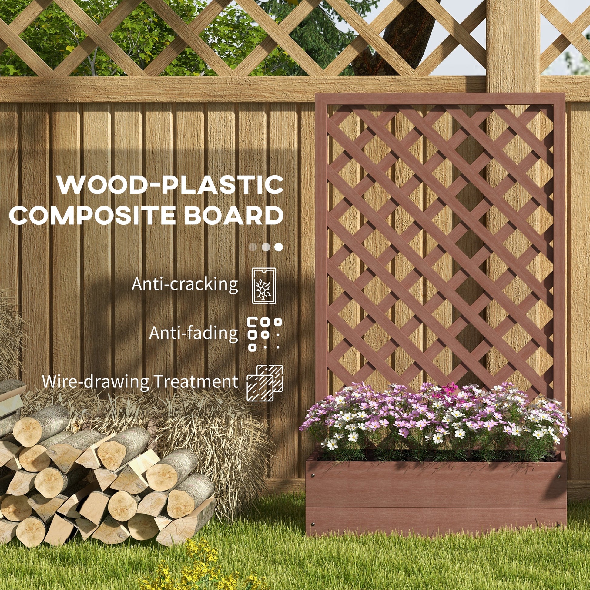 Woodplastic composite board trellis with anticracking and antifading features