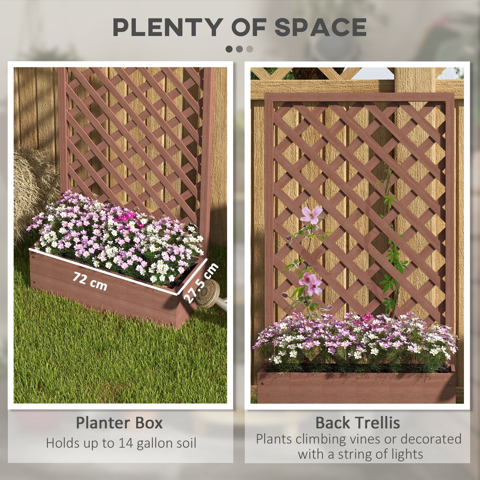 Wooden planter box filled with pink and white flowers cm long