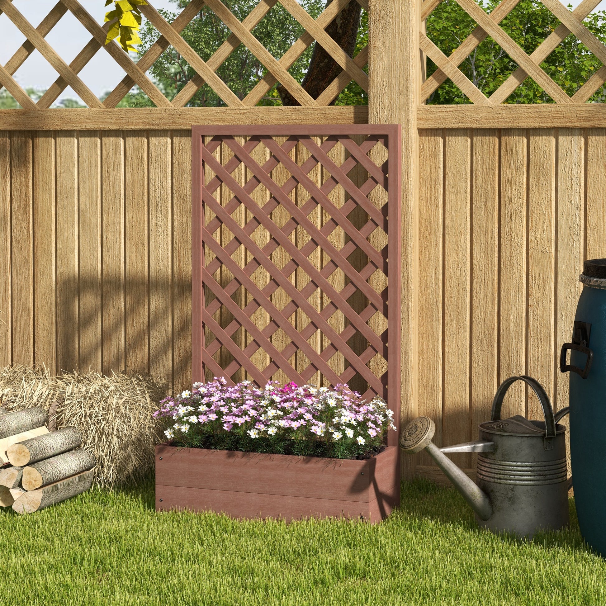 Red lattice trellis with diamond pattern supporting blooming pink and white flowers in a wooden planter