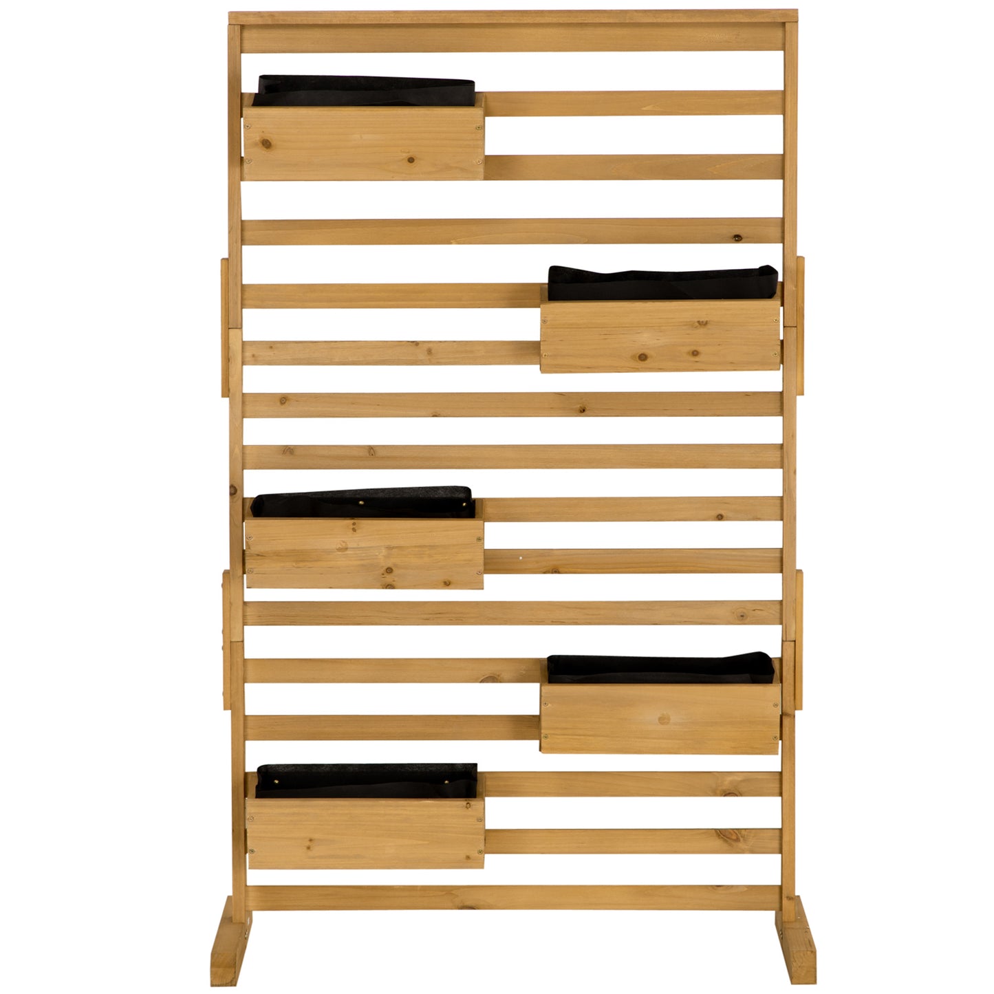 Wooden planter rack with five tiers and black fabric liners for vertical gardening