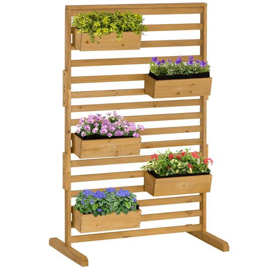 Wooden vertical planter with five staggered boxes filled with lush green plants and colorful flowers