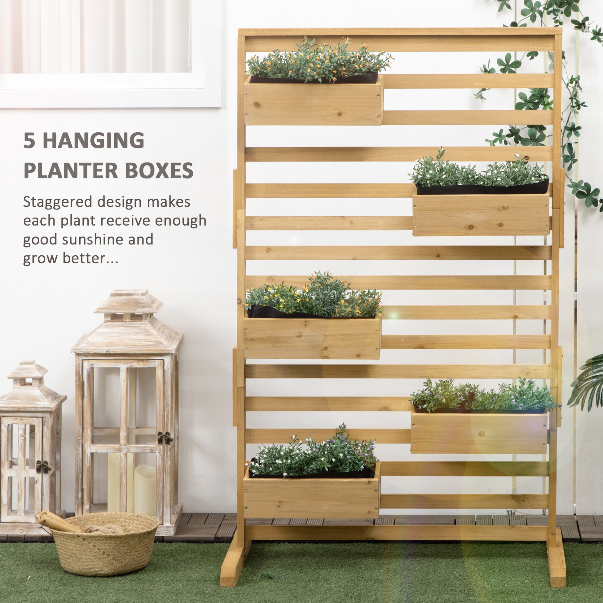 Wooden  tier vertical planter with faux green plants and orange flowers