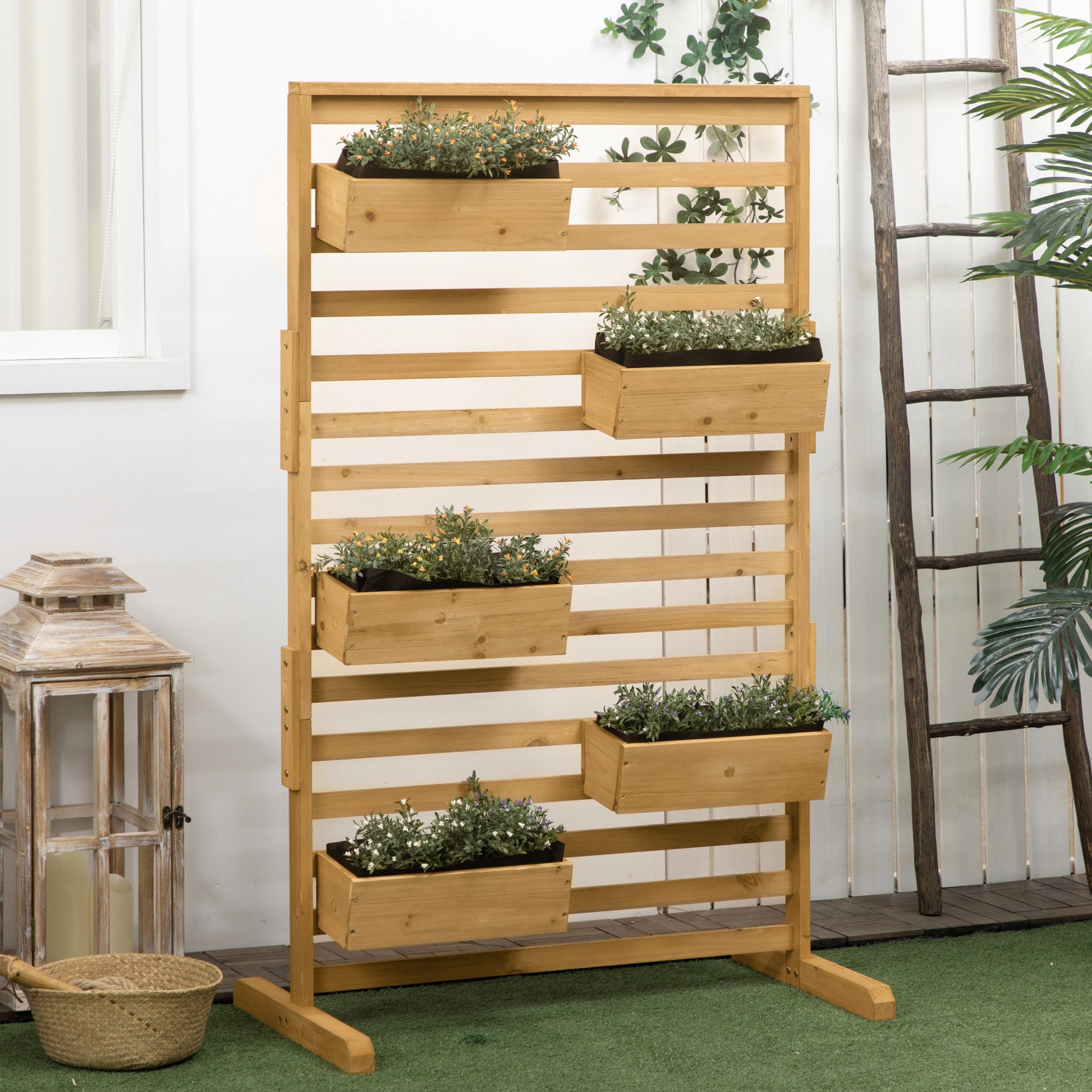 Wooden tiered planter with five boxes holding faux plants perfect for garden decor