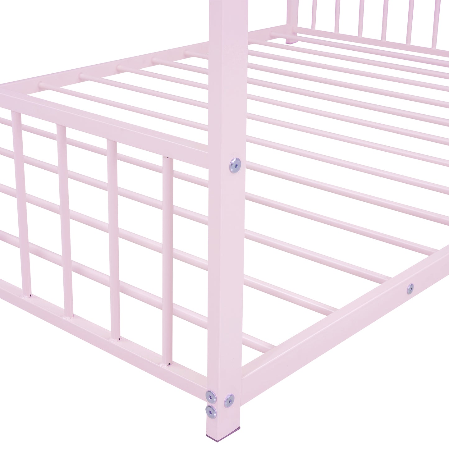 Pink metal twin bed frame with slatted support