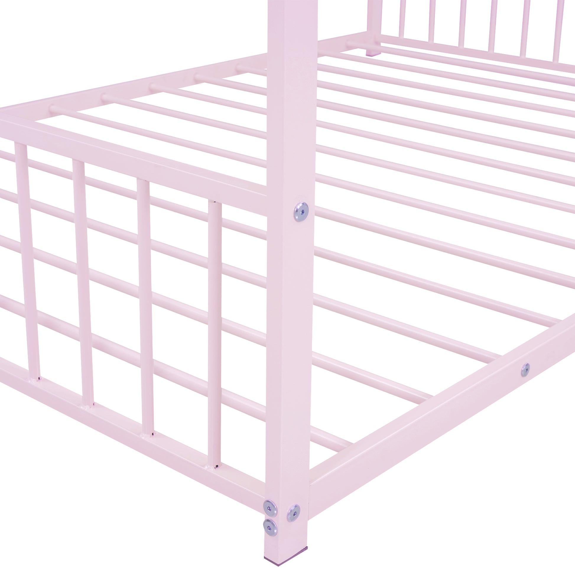 Pink metal twin bed frame with slatted support