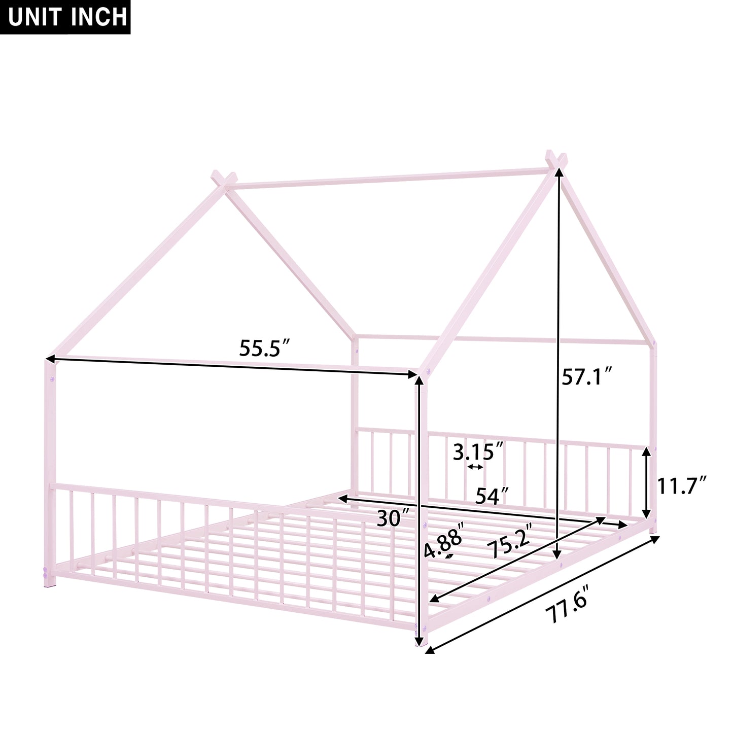 Pink metal house bed frame with dimensions for toddler room