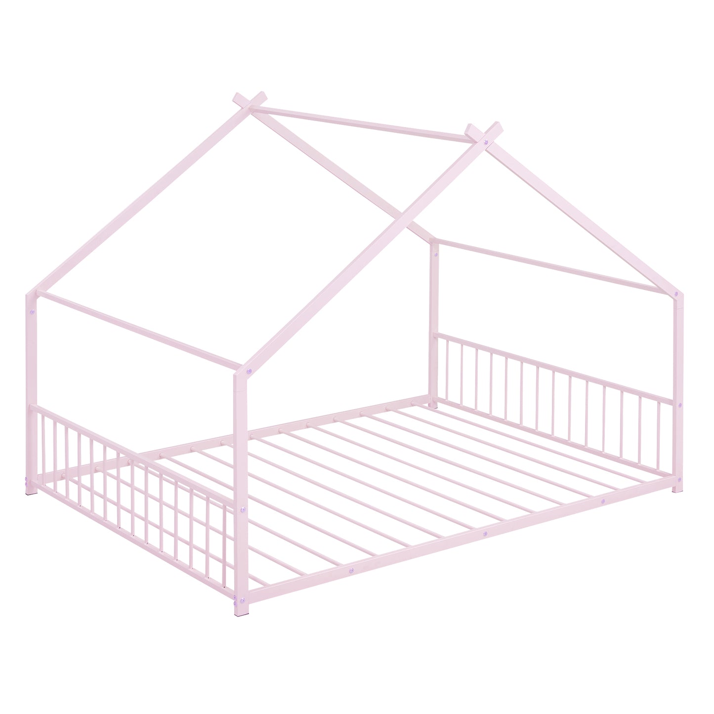Pink metal house bed frame with toddler guardrails and slatted base