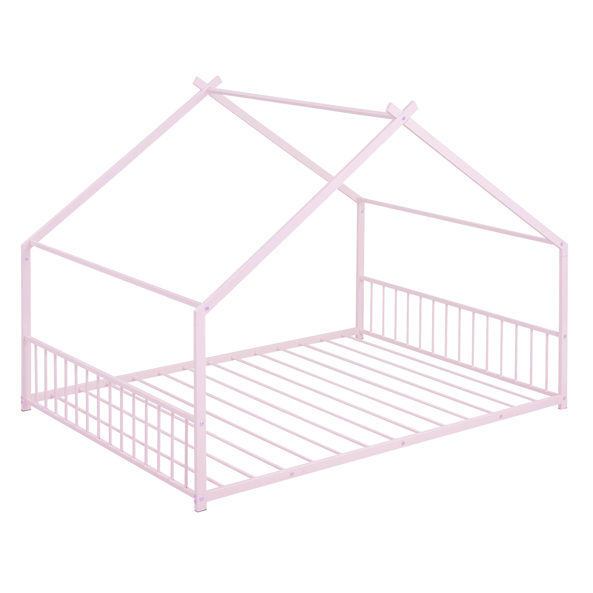 Pink metal house bed frame with toddler guardrails and slatted base