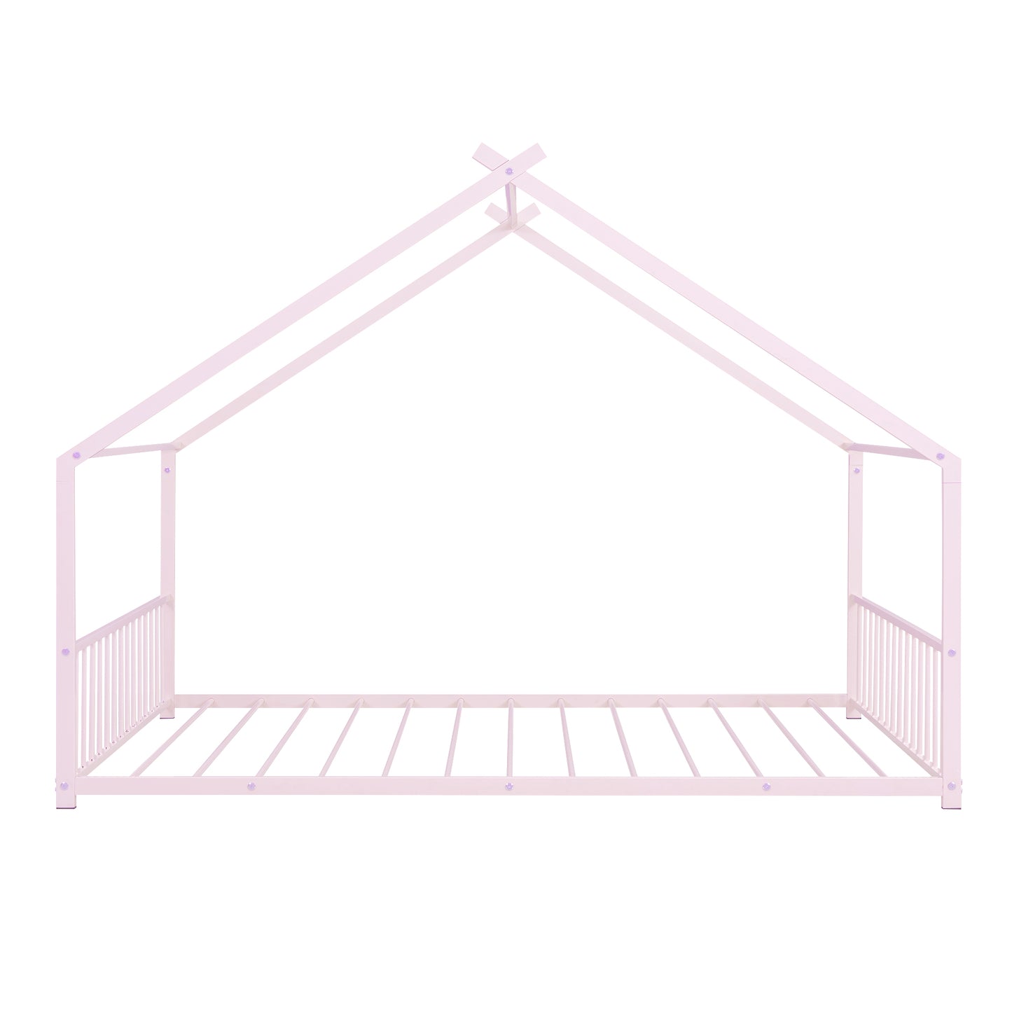 Pink metal house bed frame with slatted base and headboard