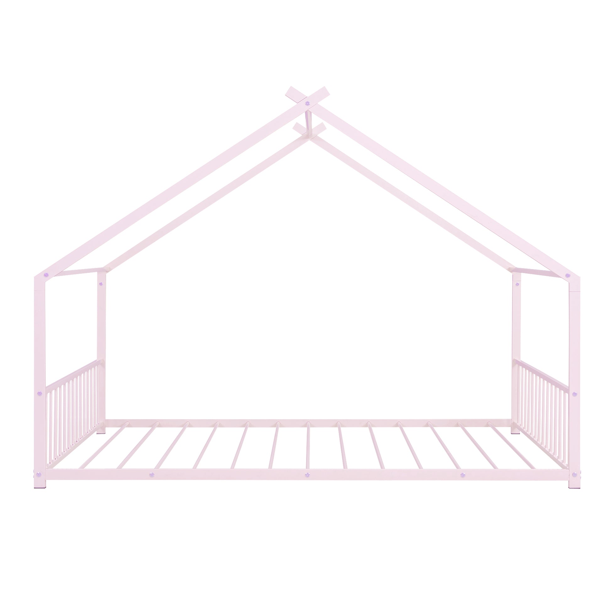 Pink metal house bed frame with slatted base and headboard