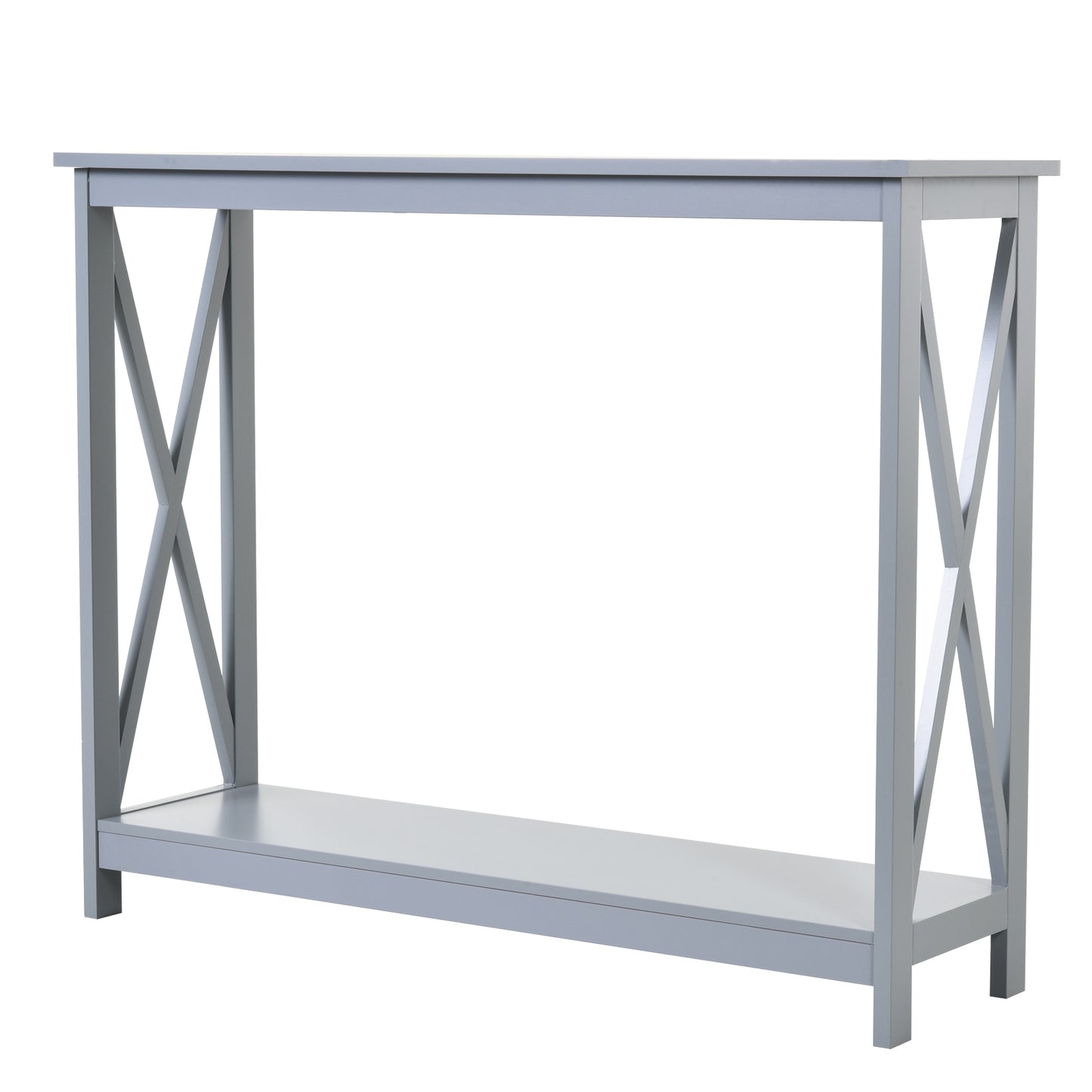 Gray console table with Xshaped legs and a lower shelf