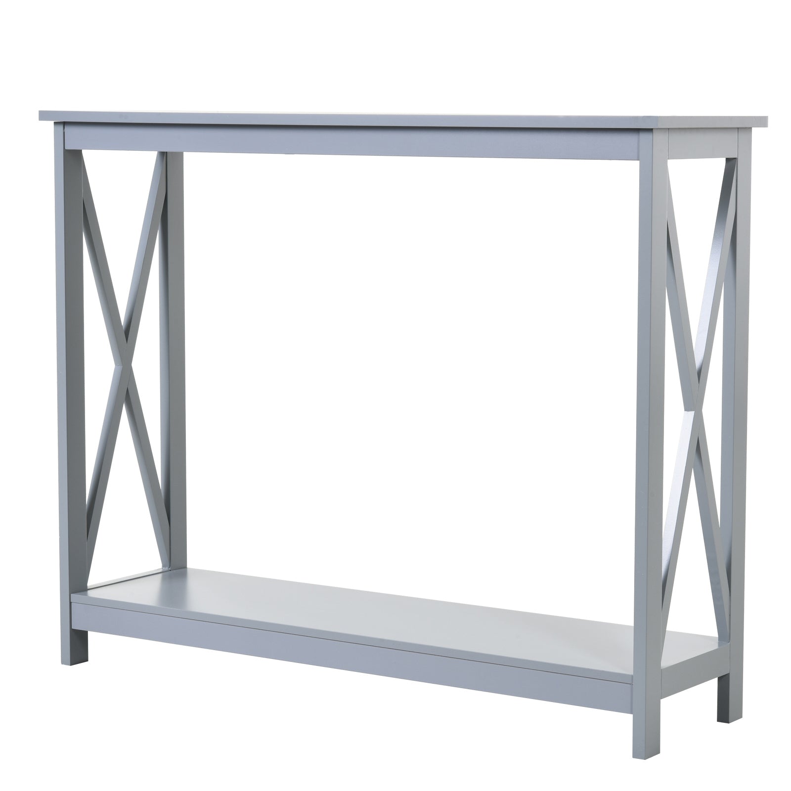 Gray console table with Xshaped legs and a lower shelf