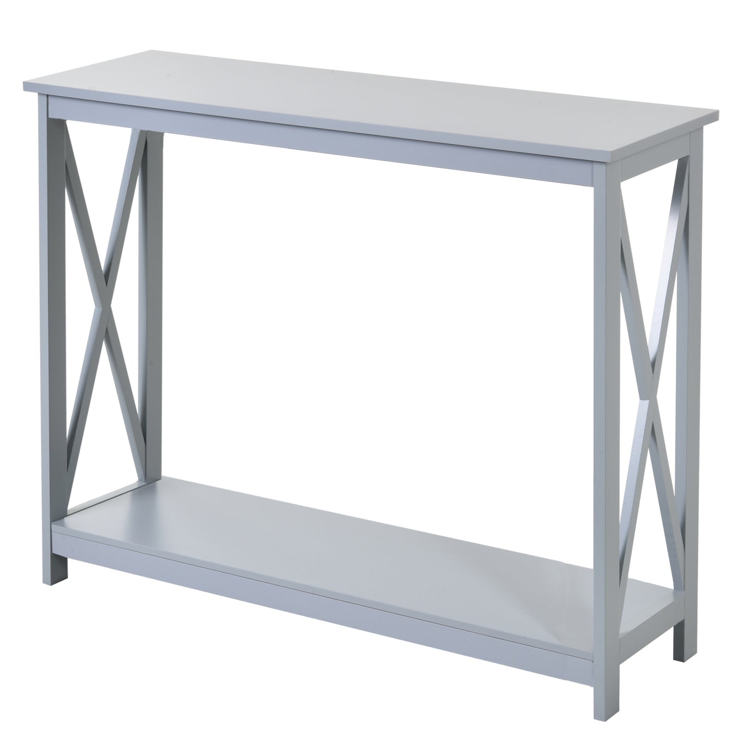 Light gray wooden console table with Xbraced legs and lower shelf