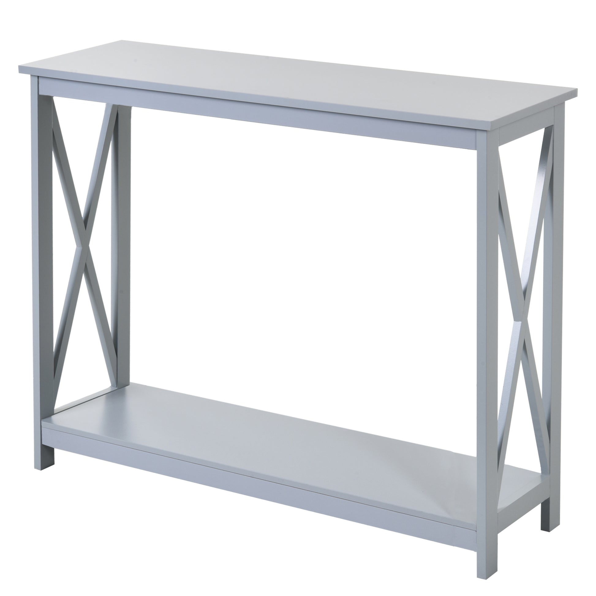 Light gray wooden console table with Xbraced legs and lower shelf