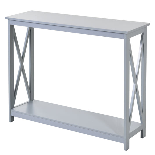 Light gray wooden console table with Xbraced legs and lower shelf