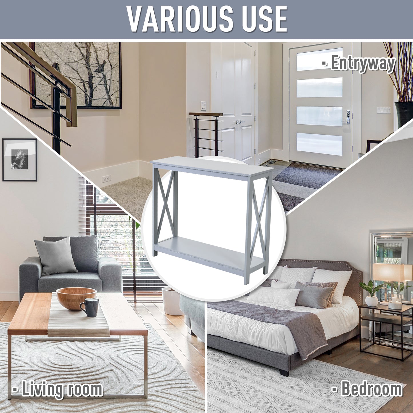 Modern grey console table with crossed legs and shelf ideal for entryways