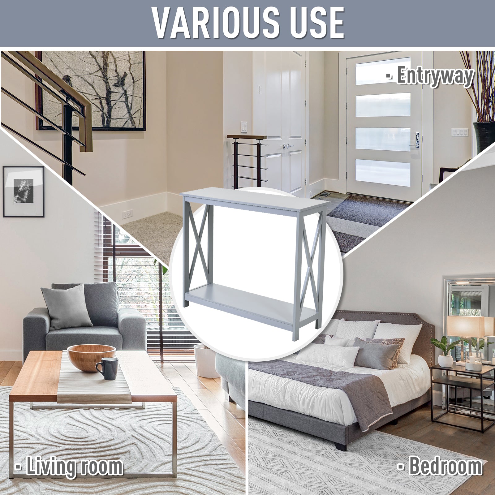 Modern grey console table with crossed legs and shelf ideal for entryways
