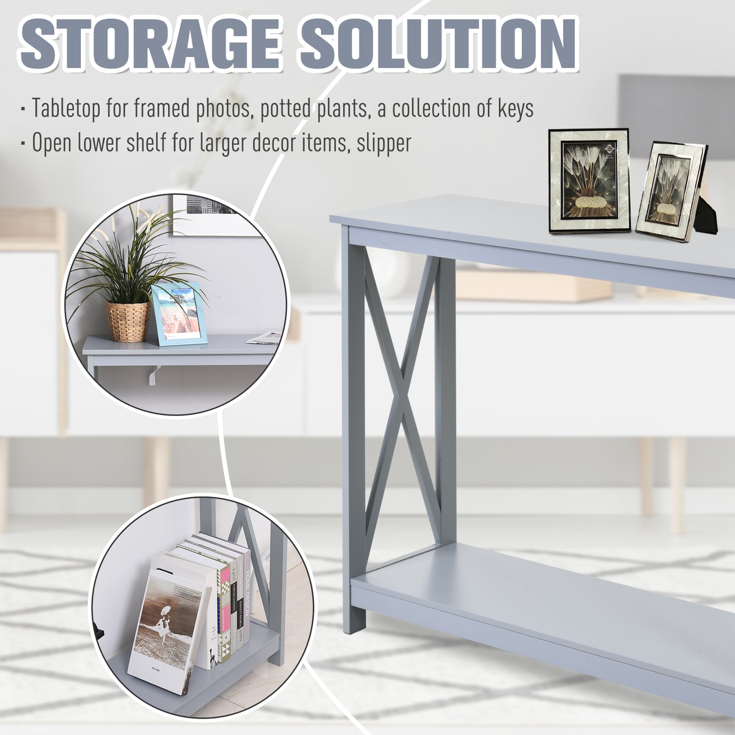 Gray wooden console table with Xshaped legs and two shelves