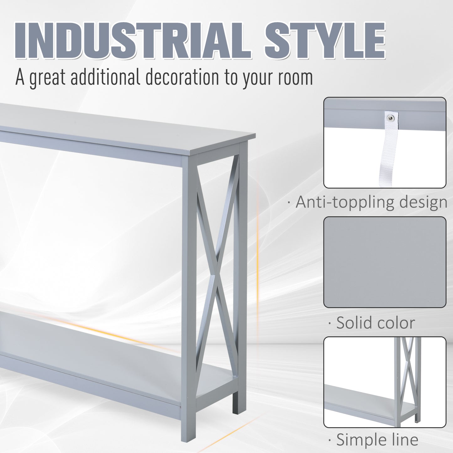 Gray industrial style console table with Xshaped legs and bottom shelf
