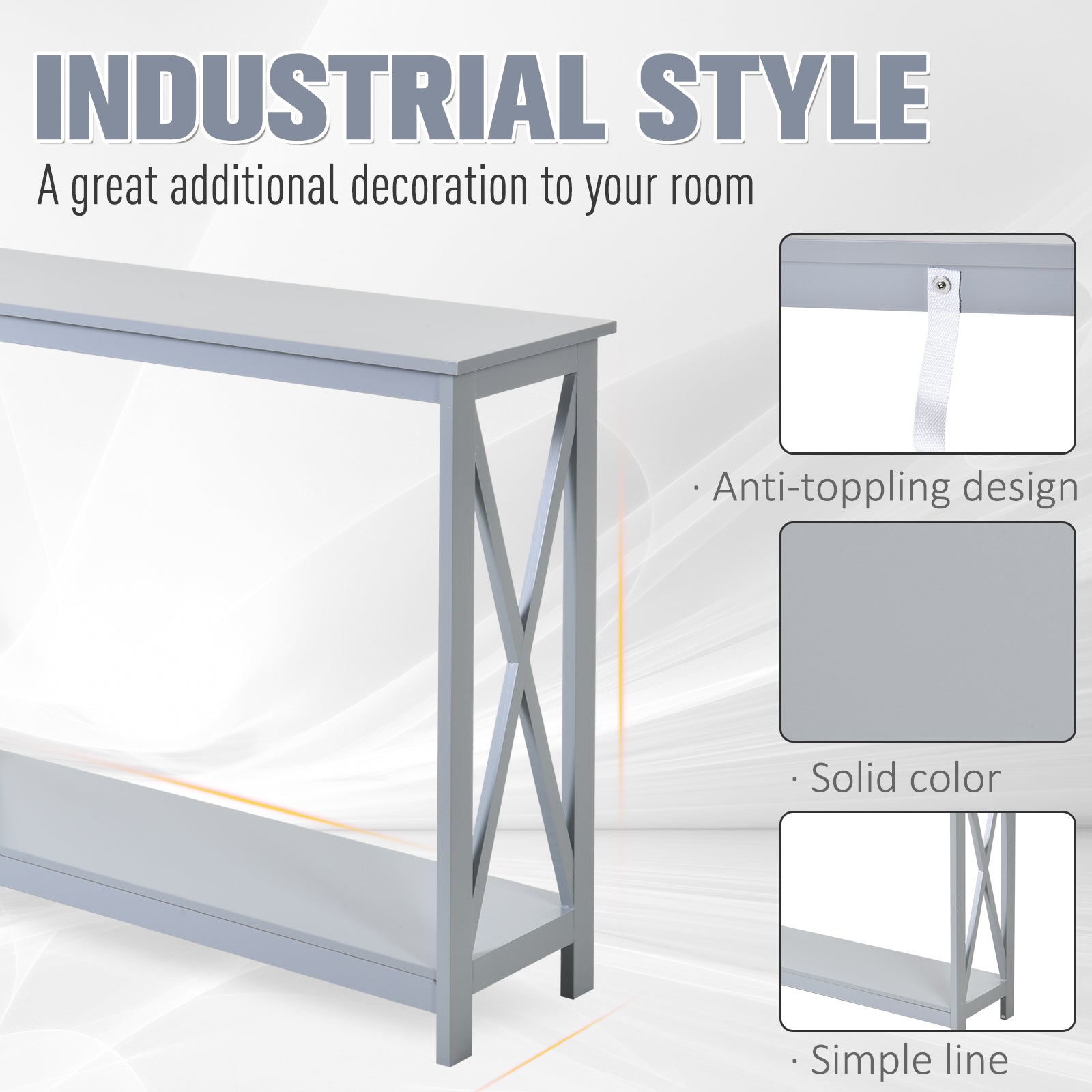 Gray industrial style console table with Xshaped legs and bottom shelf