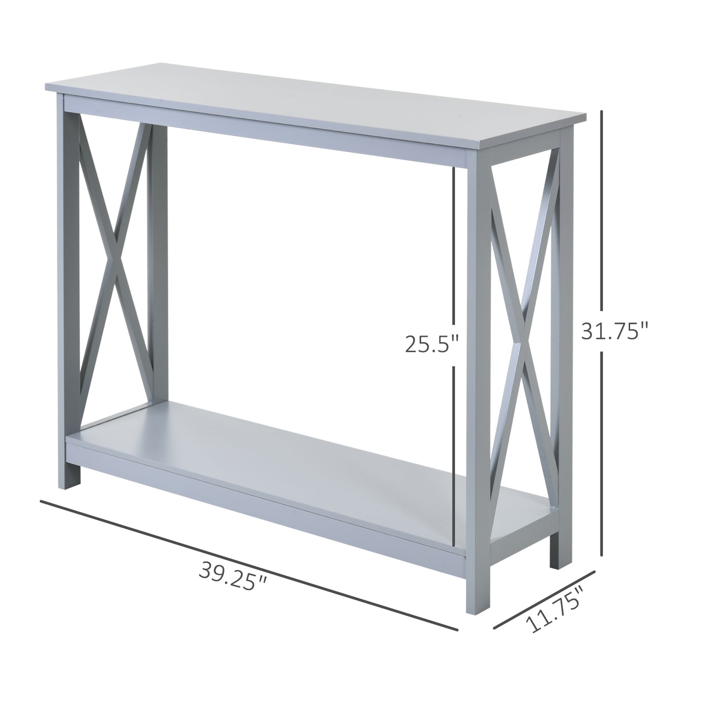 Gray narrow console table with Xframe legs and lower shelf  L x  D x  H