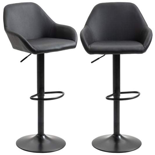 Two adjustable black leatherette bar stools with chrome footrests and circular bases