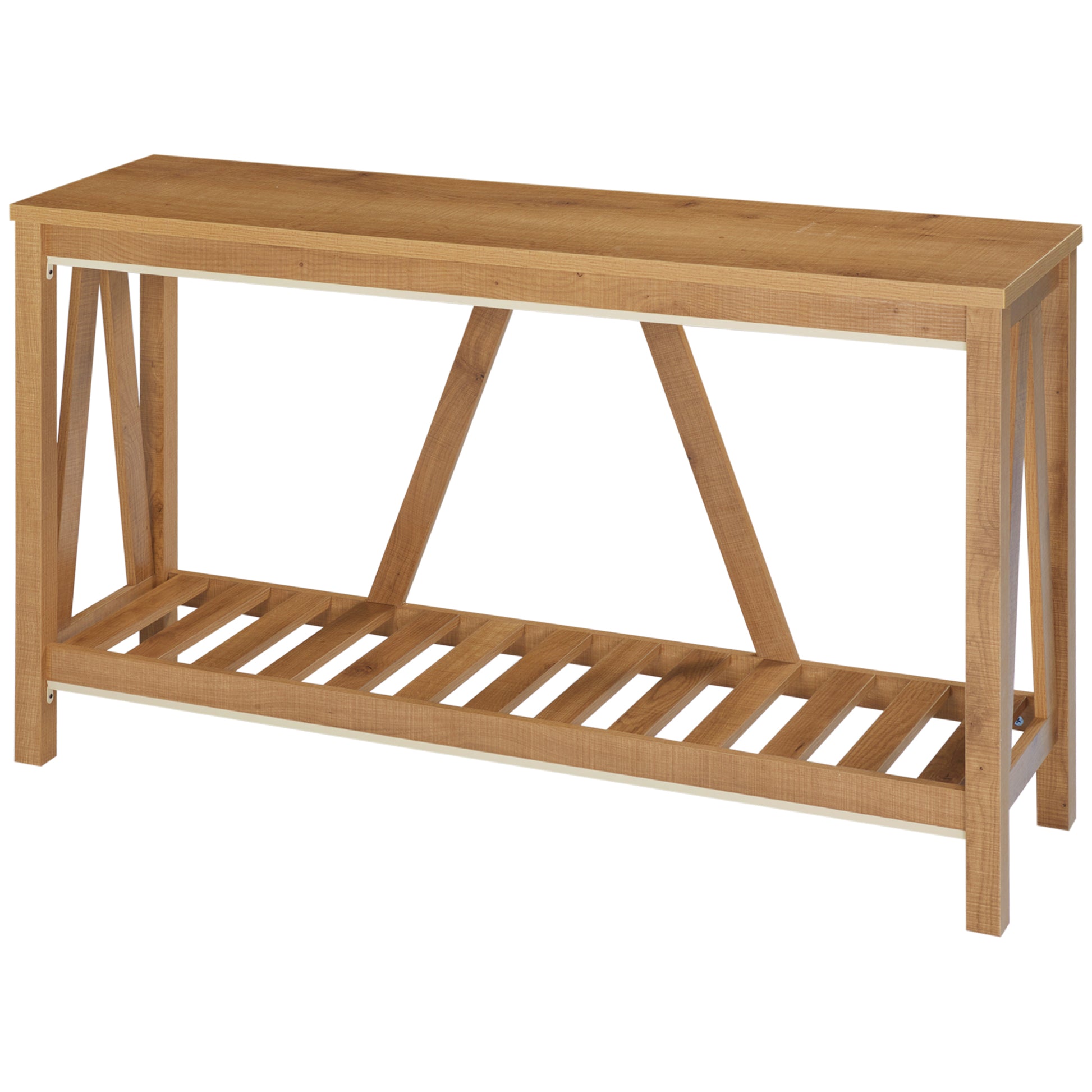 Natural oak wood console table with slatted lower shelf and Xbraced legs