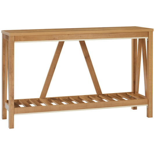 Wooden console table with open slatted shelf and Aframe legs