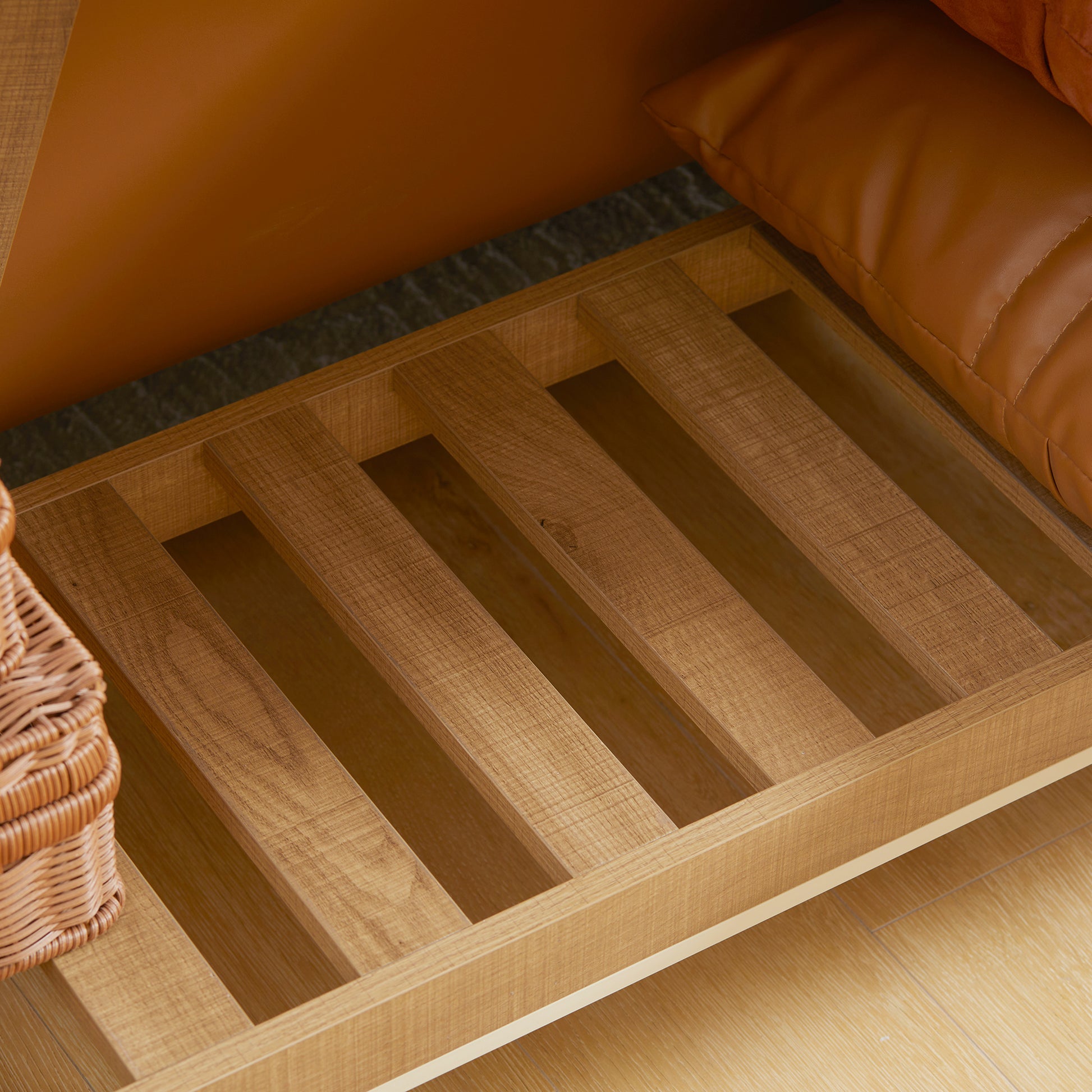 Closeup of wooden slats in a modern side table showing grain detail