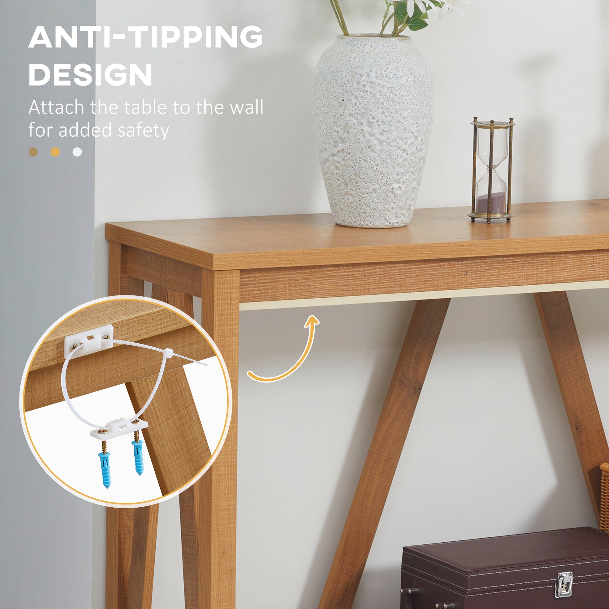 Wooden console table with antitipping safety strap attached