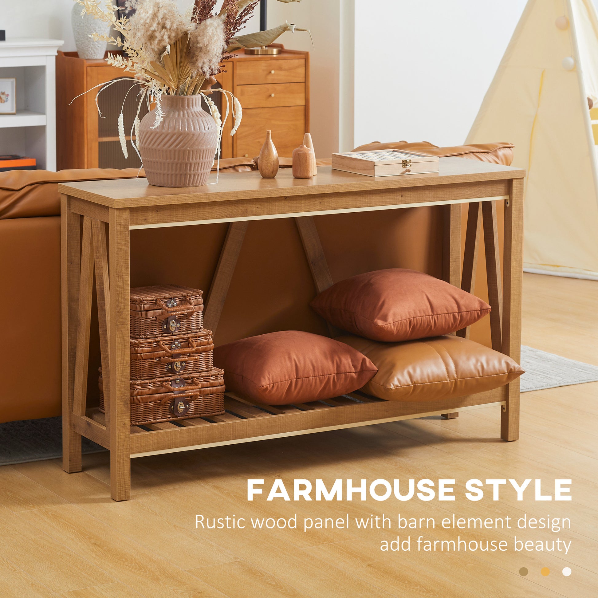 Rustic wood farmhouse console table with storage shelves and decorative elements