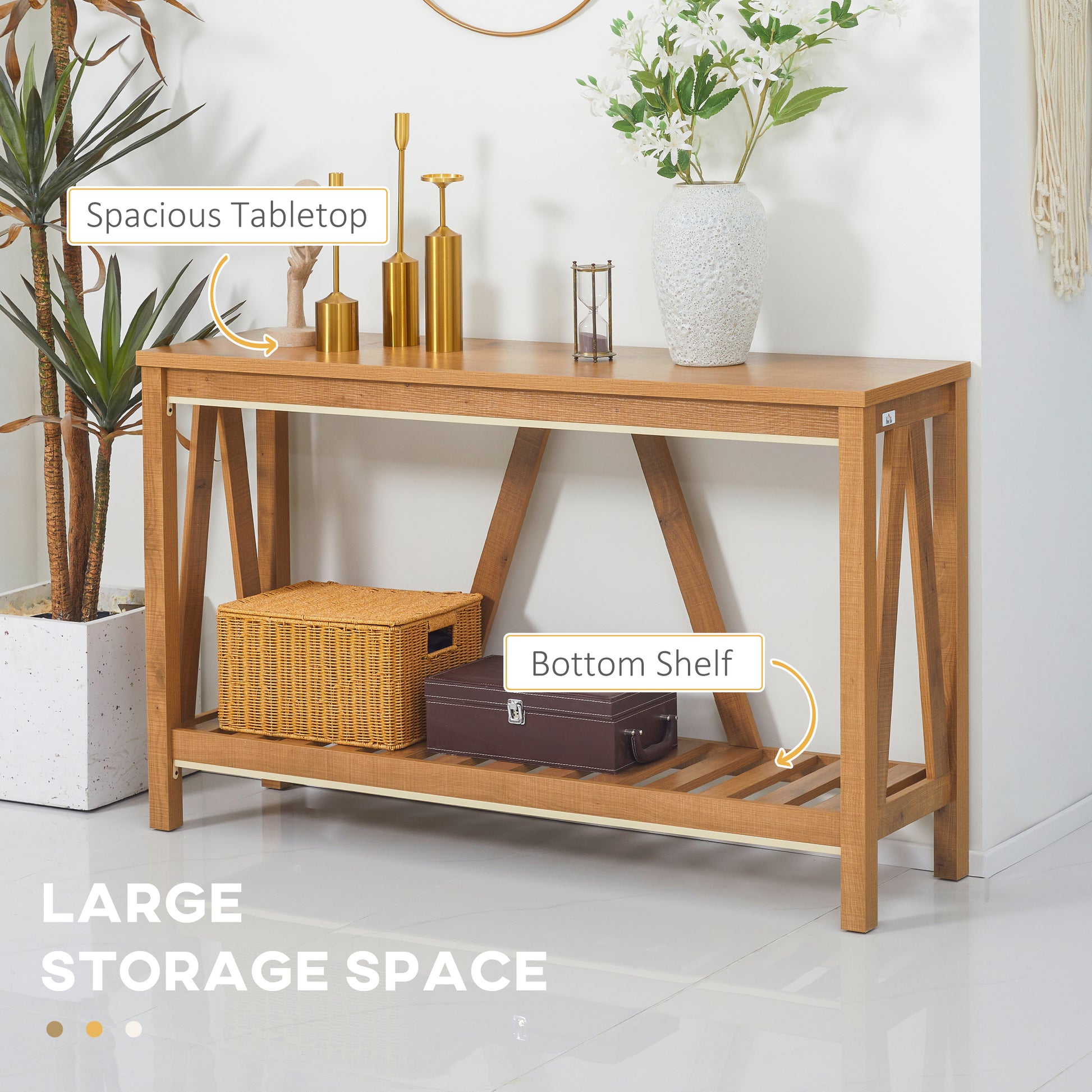 Wooden console table with spacious tabletop and ample storage on the bottom shelf ideal for entryways