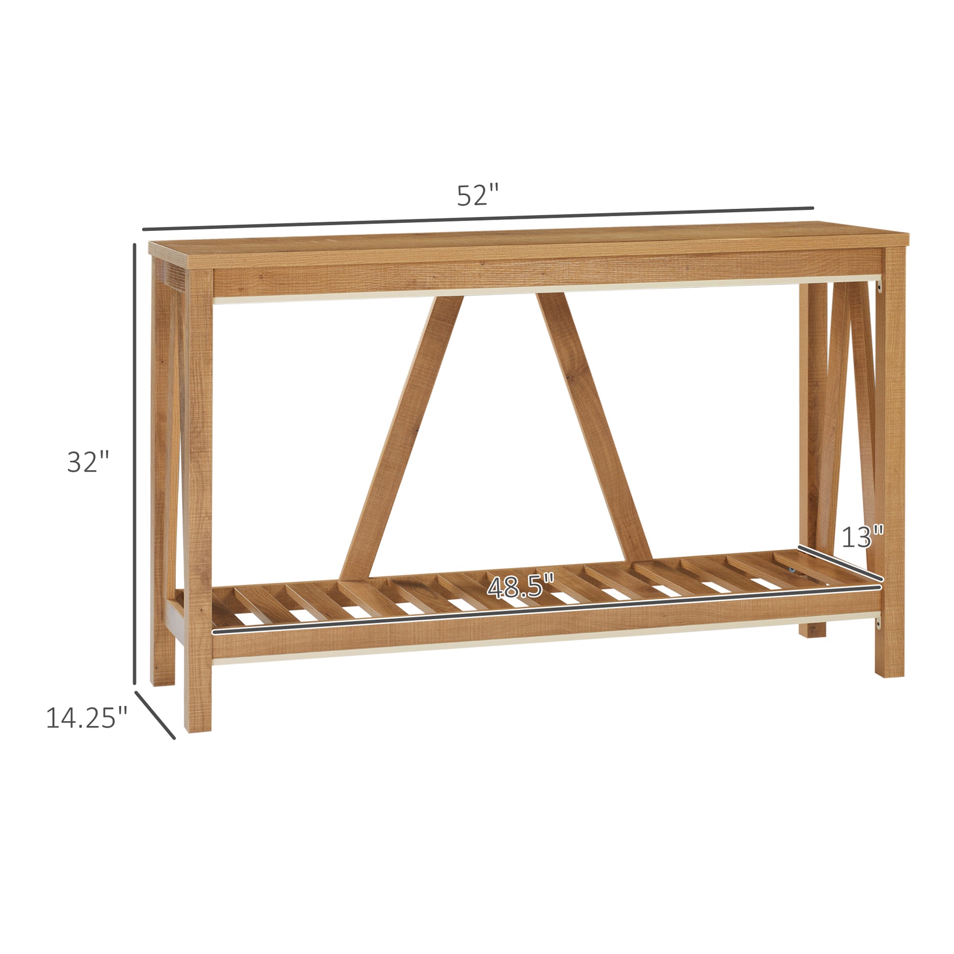 Rustic wooden console table with slatted lower shelf  W x  H