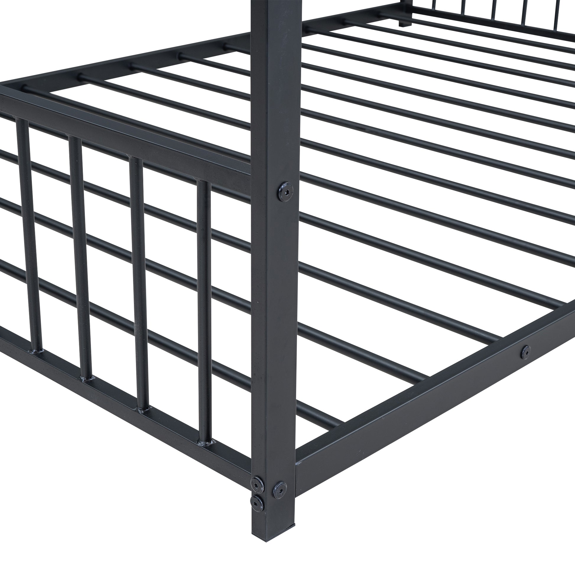 Black metal platform bed frame with slatted support