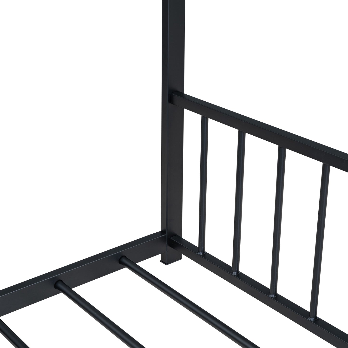 Black metal bed frame with vertical slats