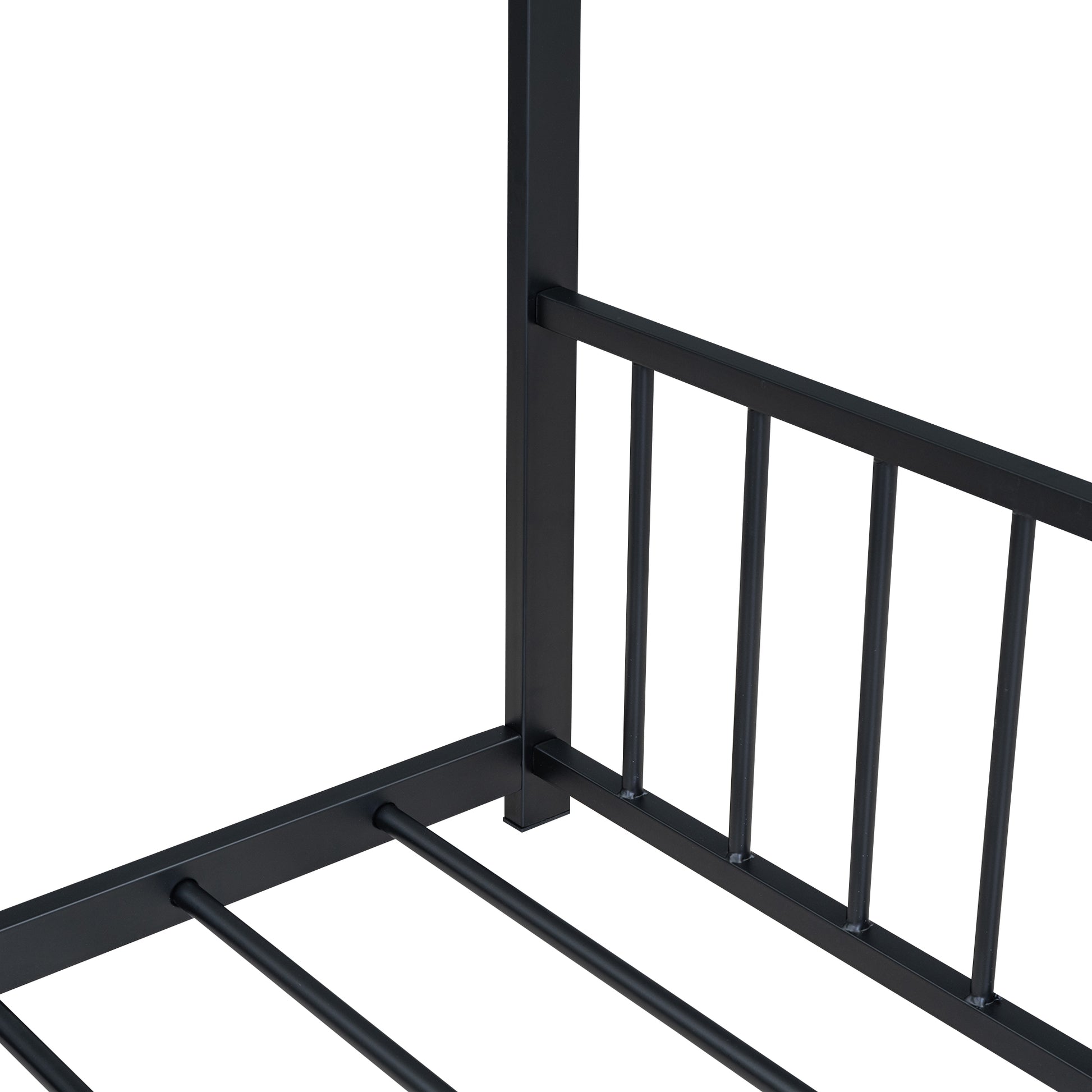 Black metal bed frame with vertical slats