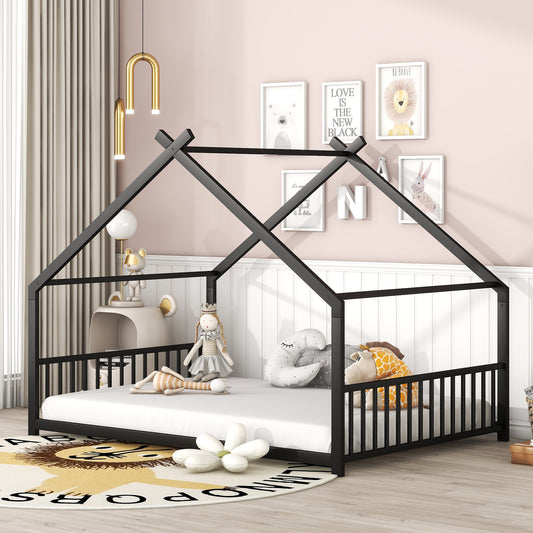 Black metal house bed frame with white mattress and childrens bedding