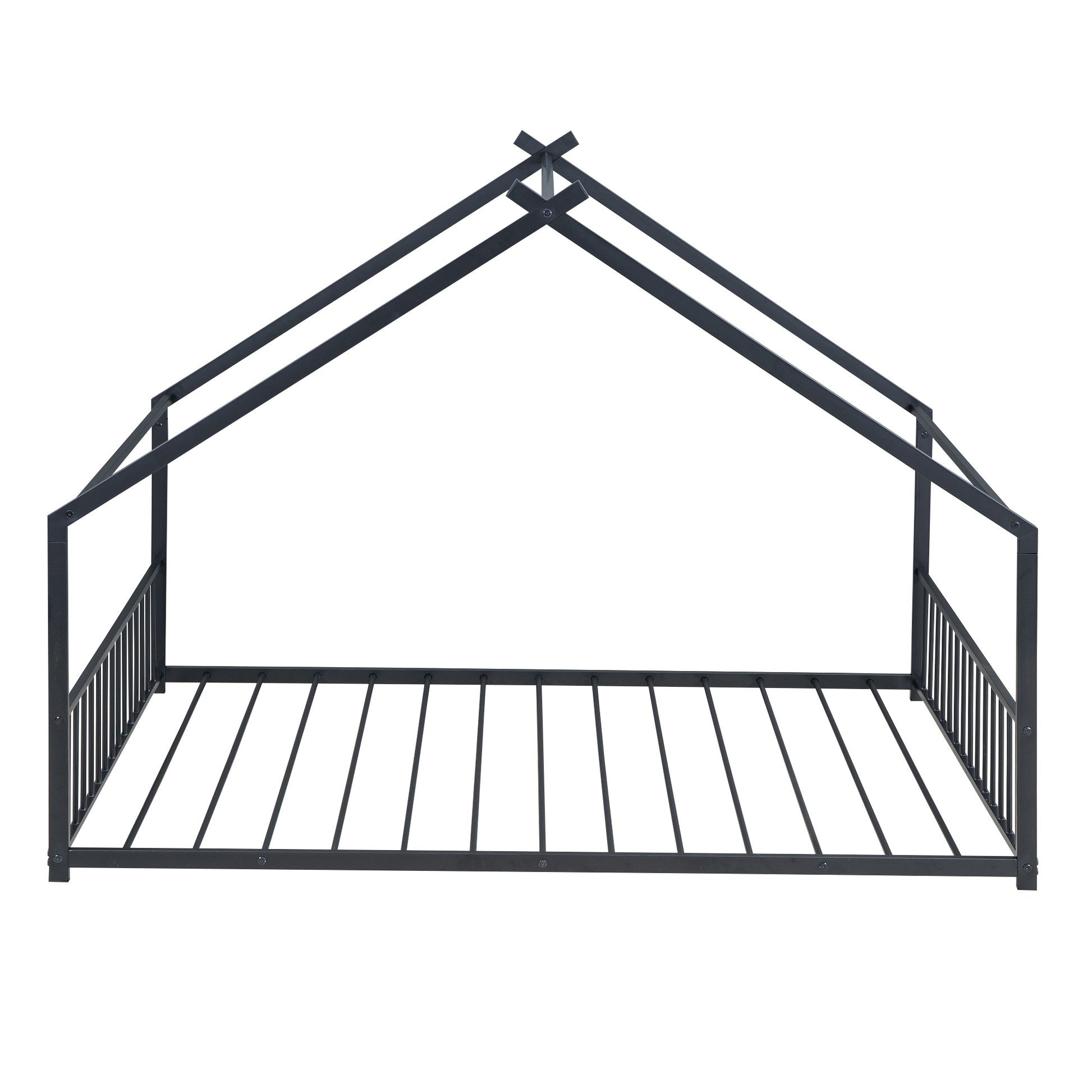 Black metal house bed frame with slatted base toddler bed design