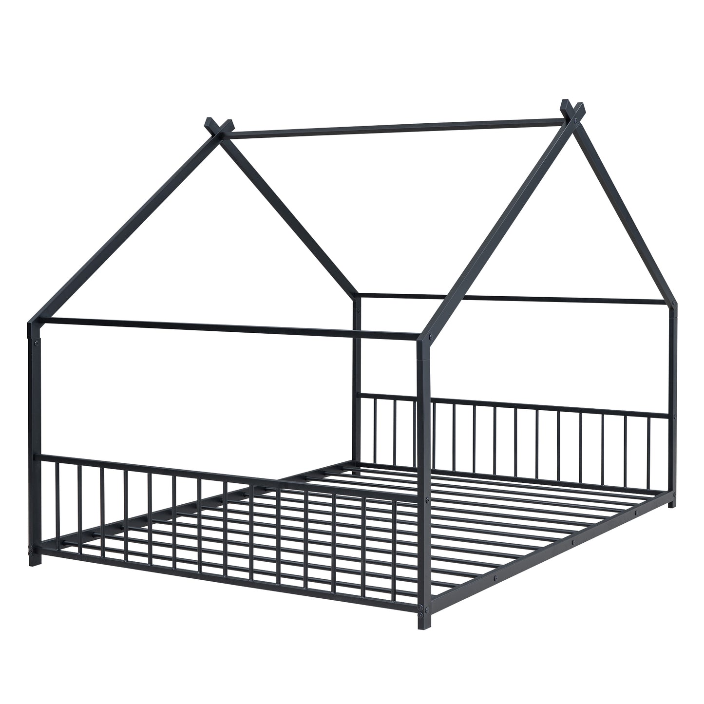 Black metal house bed frame with slatted base and fence detailing