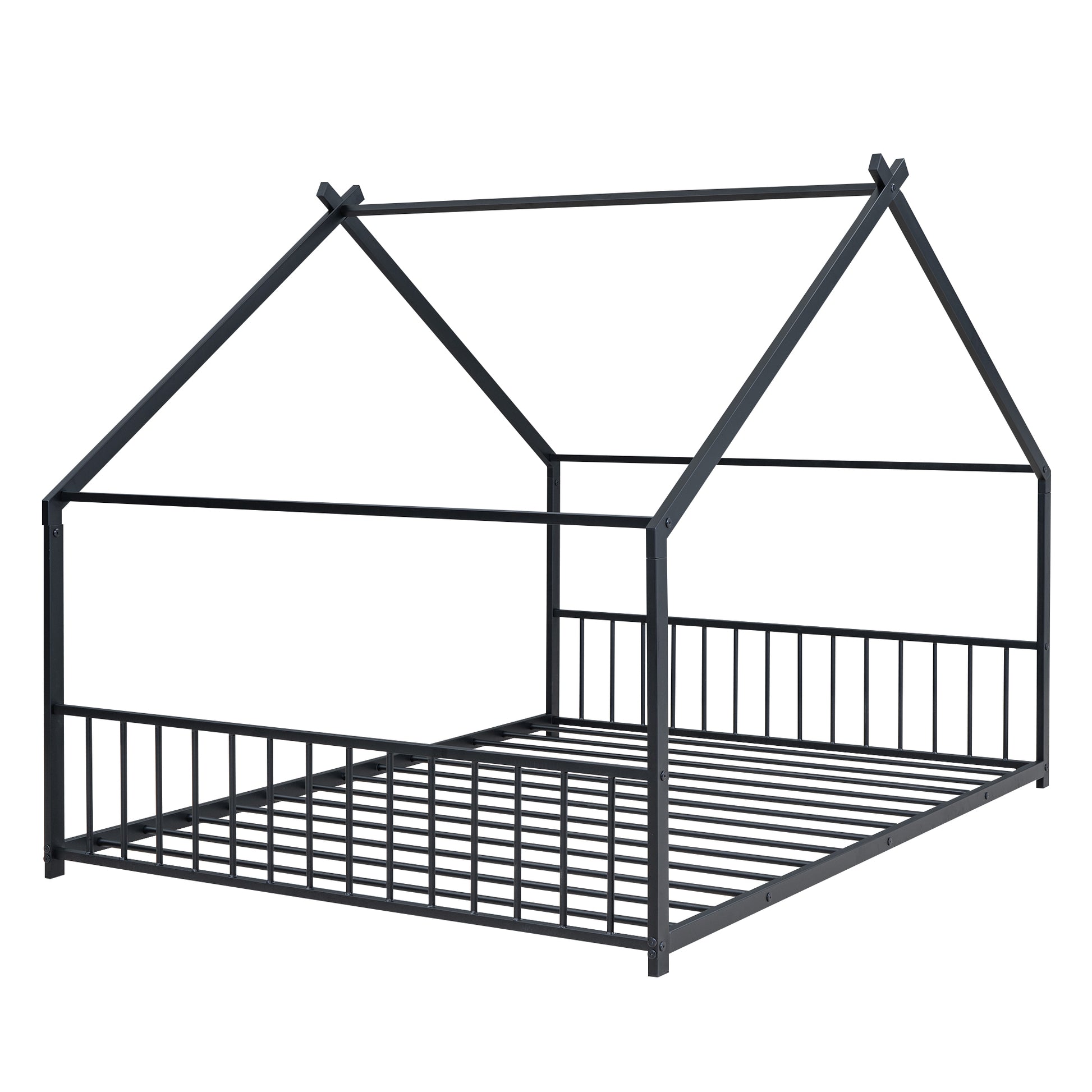 Black metal house bed frame with slatted base and fence detailing