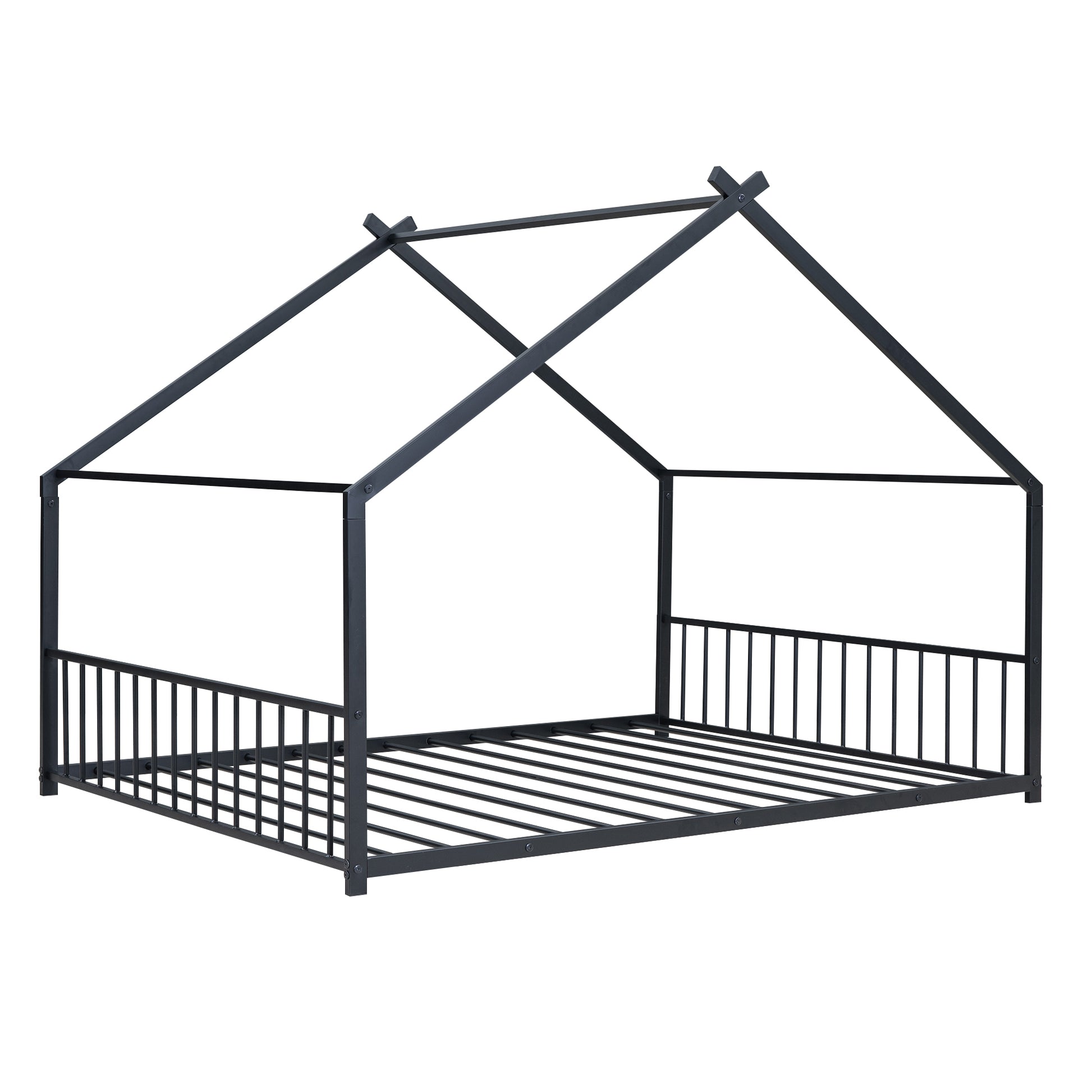 Dark gray metal house bed frame with slatted mattress support and railing