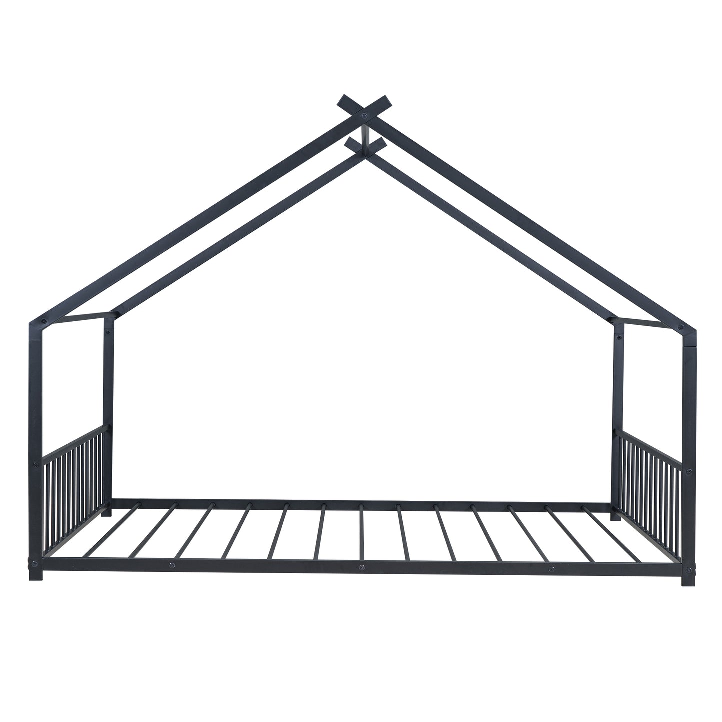 Dark gray metal house frame bed with slatted base