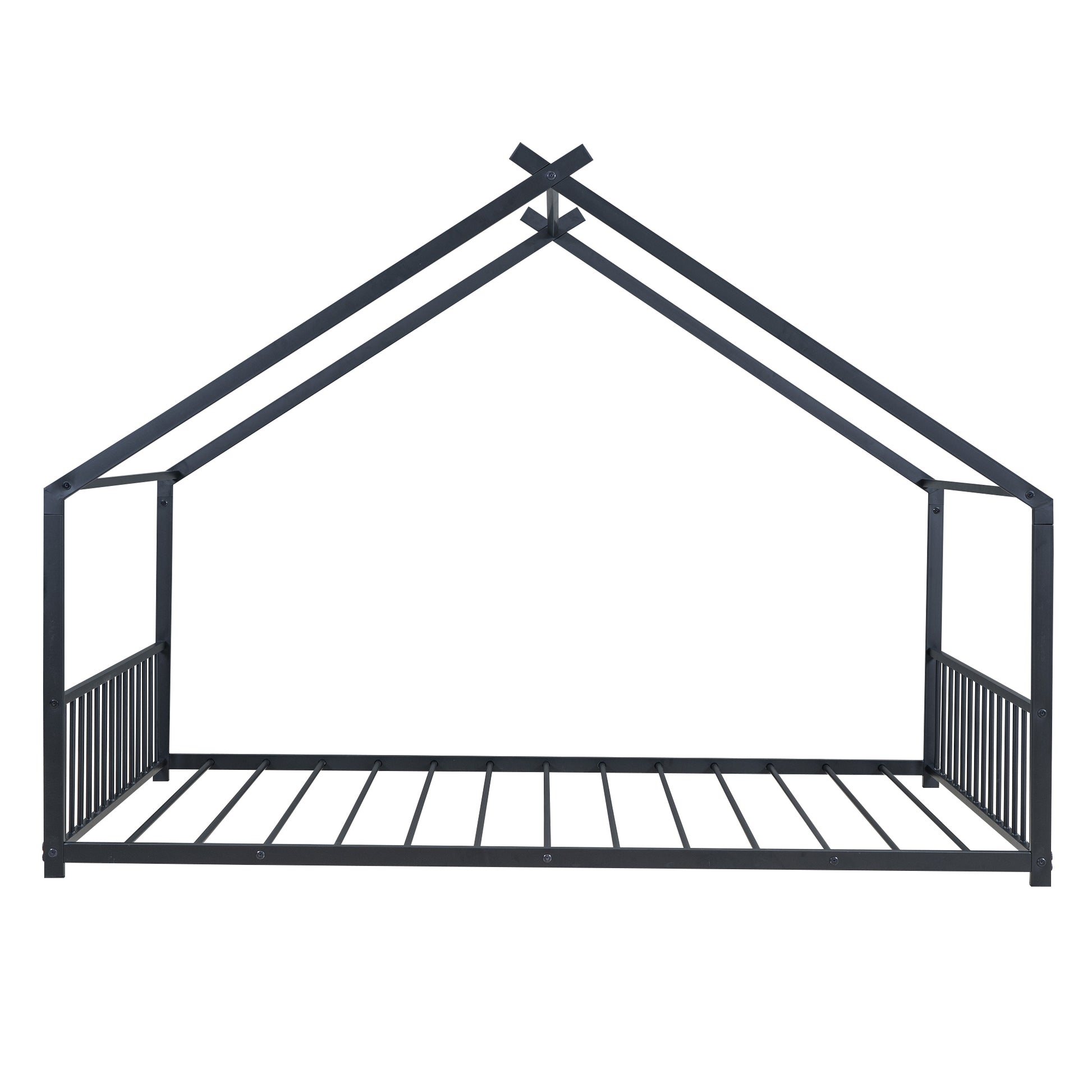 Dark gray metal house frame bed with slatted base