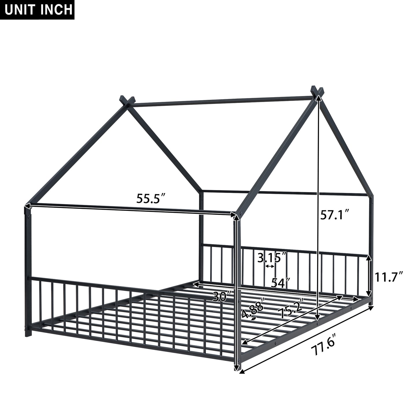 Black metal house bed frame with dimensions for children