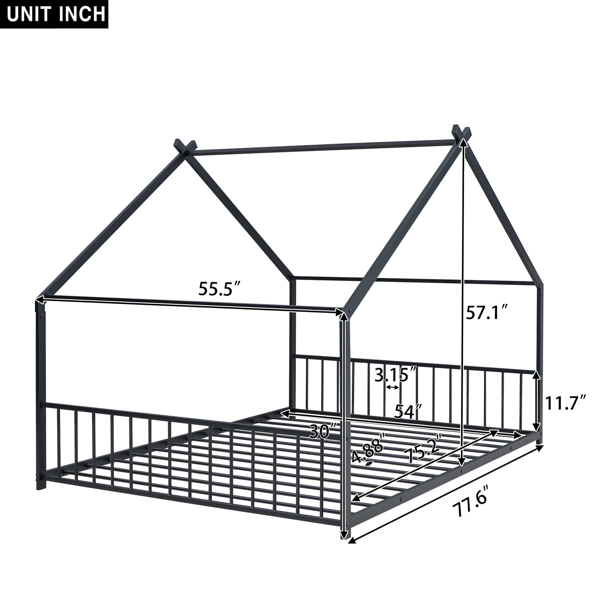 Black metal house bed frame with dimensions for children
