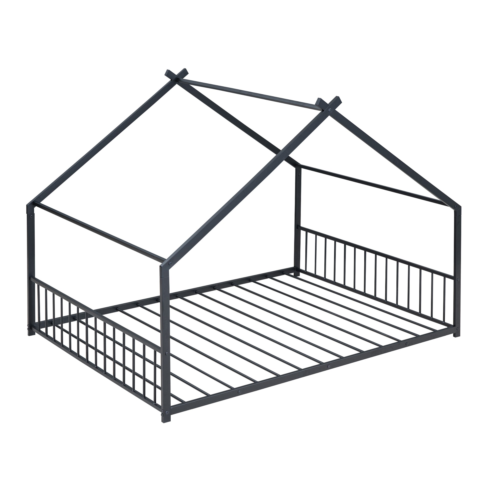 Black metal house bed frame with slatted base