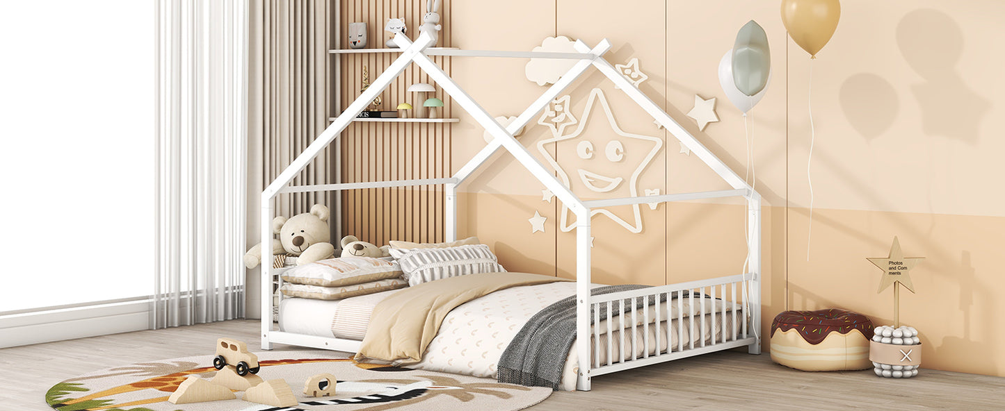 White wooden house bed frame for toddlers with star decals