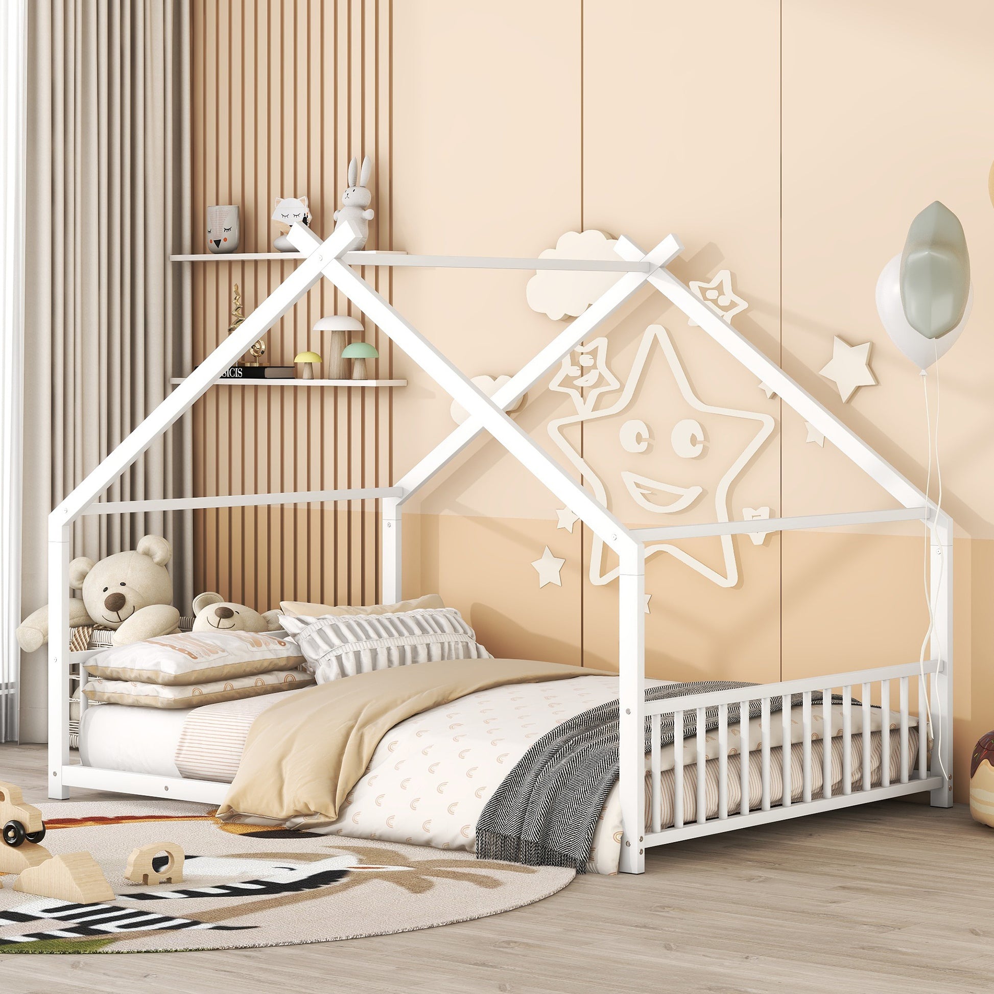 White wooden house bed frame with mattress and bedding
