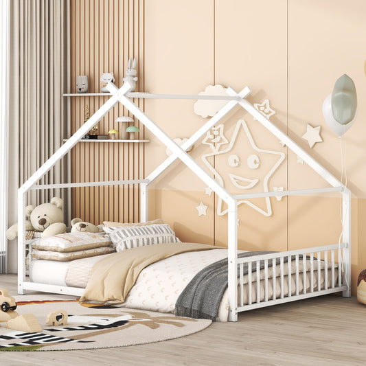 White wooden house bed frame with mattress and bedding